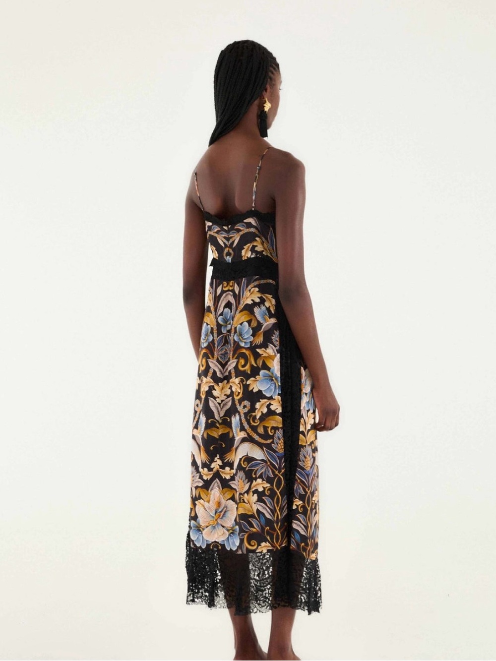 BNWT Farm Rio Black Floral Lace Trim Maxi Dress - Blue & Gold Print - Picture 12 of 14